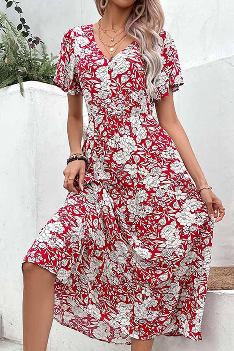 V NECK FLORAL PATTERN LONG DRESS - Doublju