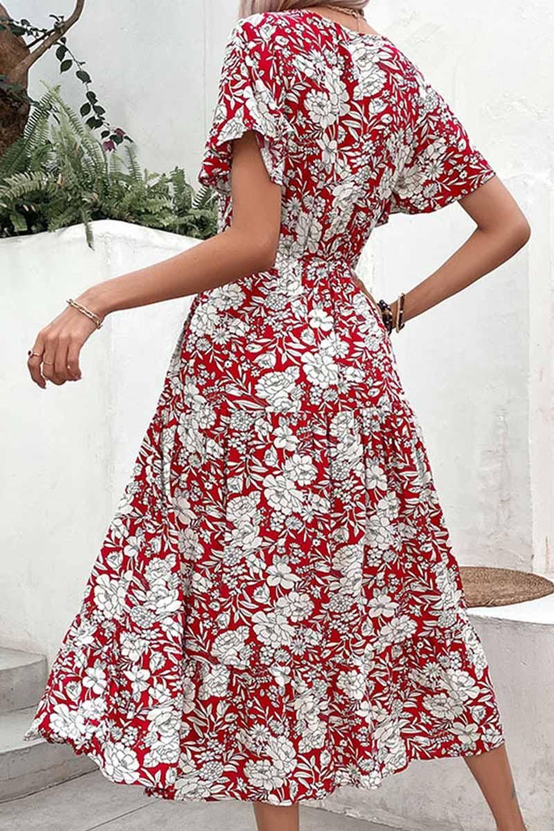 V NECK FLORAL PATTERN LONG DRESS - Doublju