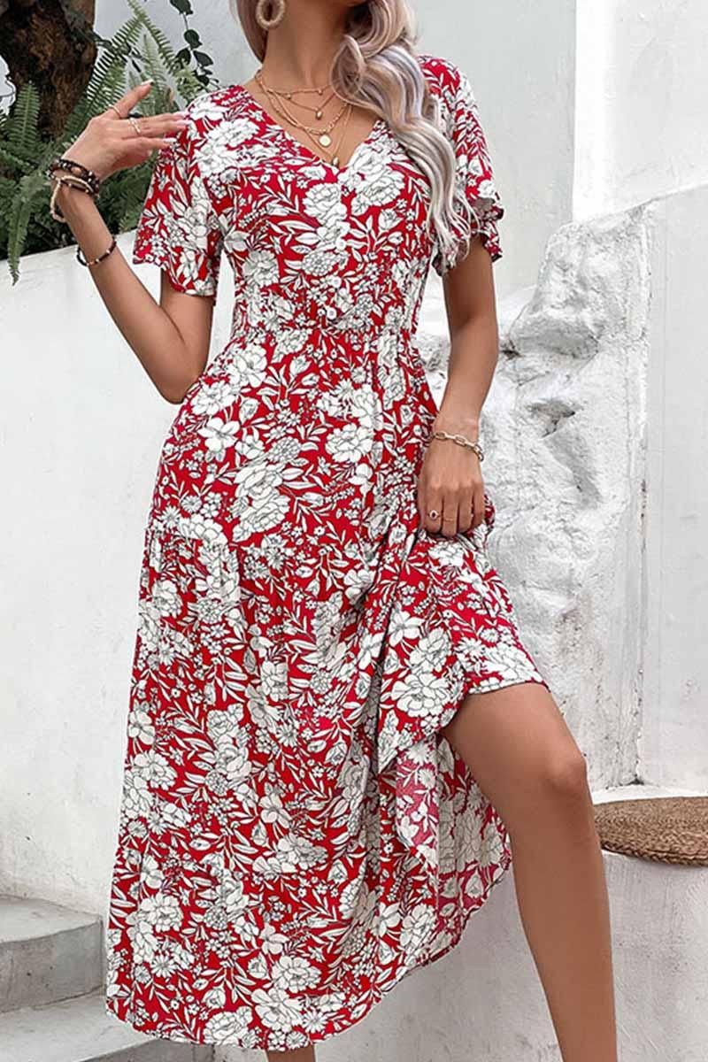 V NECK FLORAL PATTERN LONG DRESS - Doublju