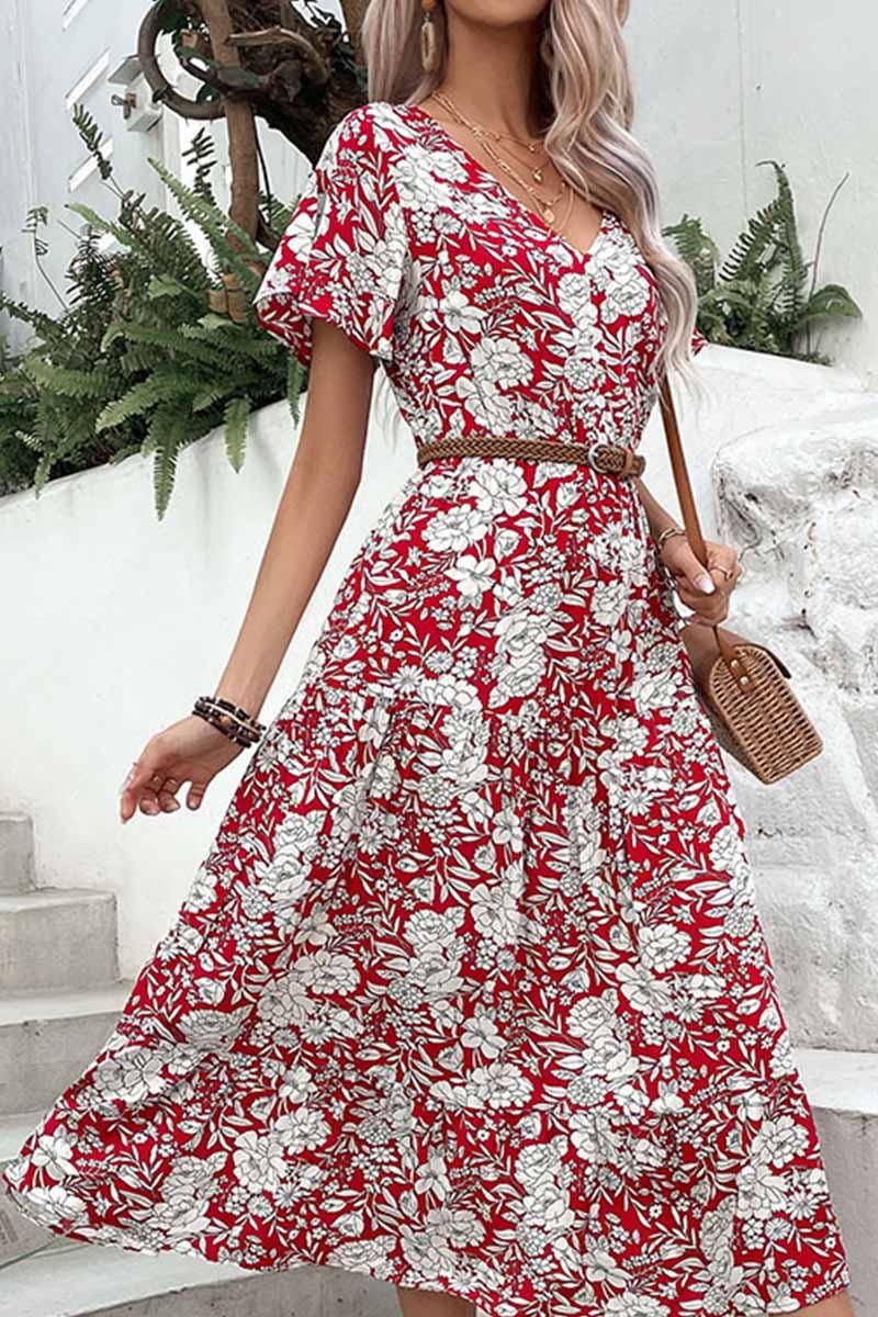 V NECK FLORAL PATTERN LONG DRESS - Doublju