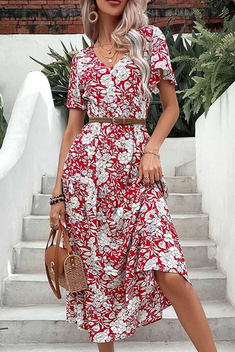 V NECK FLORAL PATTERN LONG DRESS - Doublju