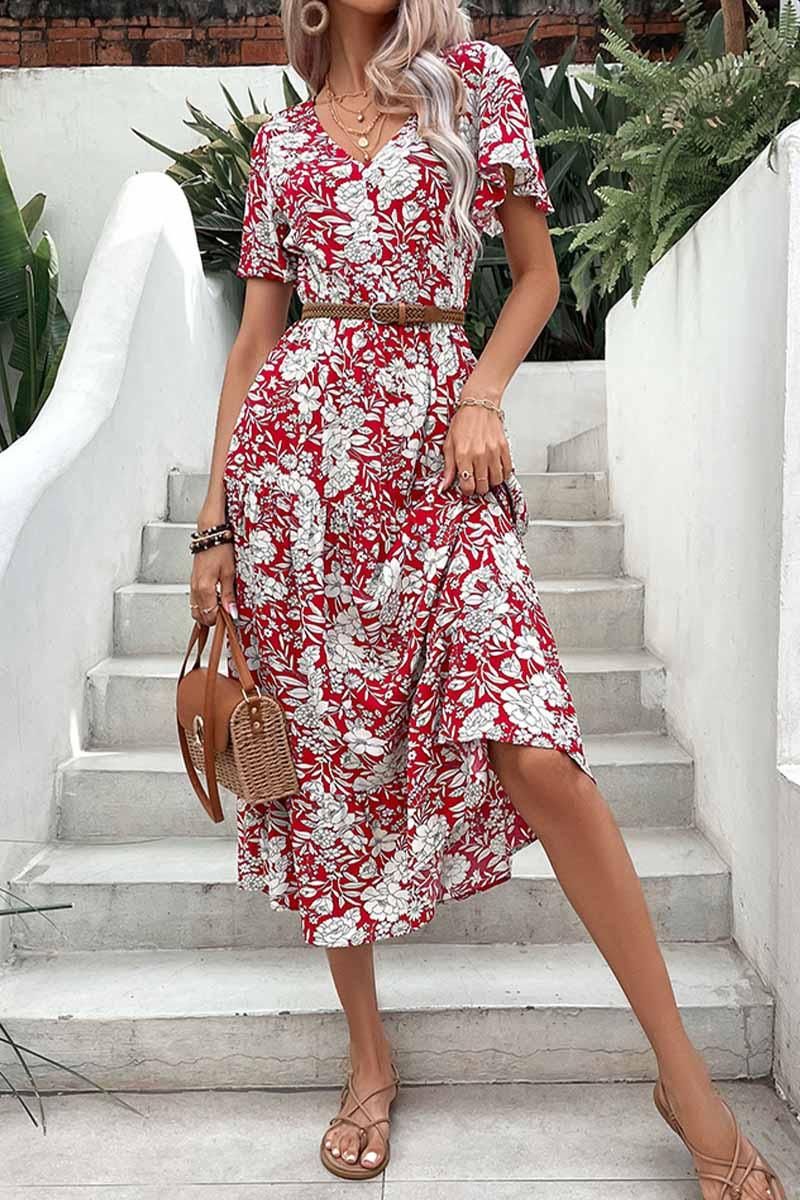 V NECK FLORAL PATTERN LONG DRESS - Doublju