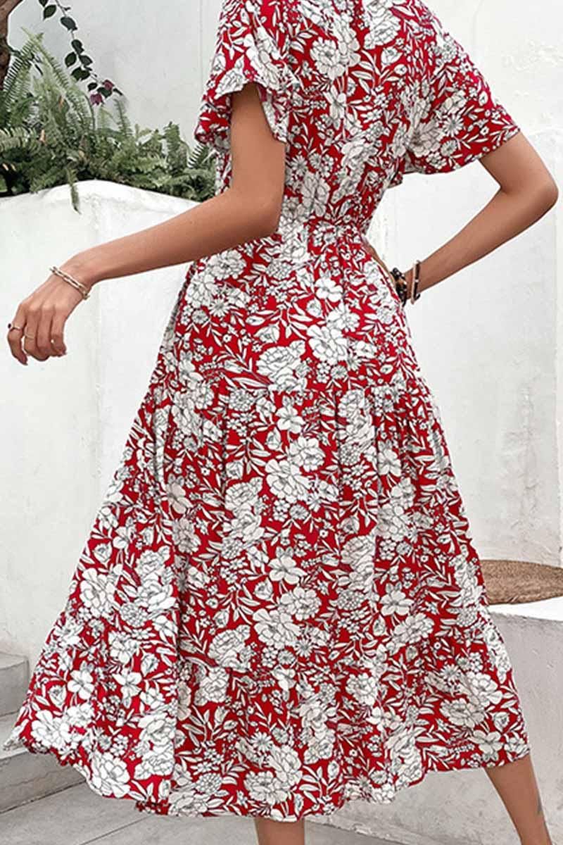 V NECK FLORAL PATTERN LONG DRESS - Doublju