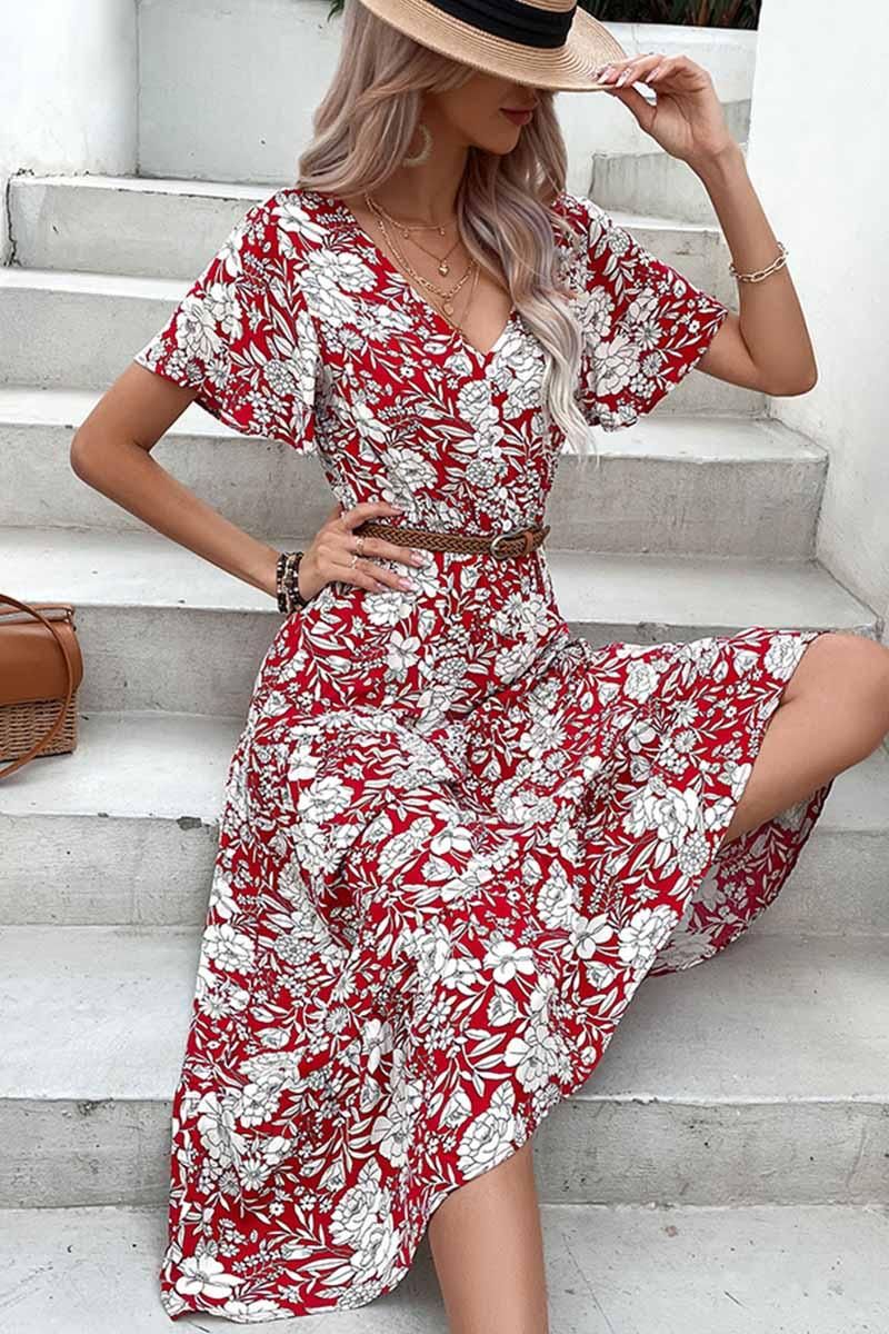 V NECK FLORAL PATTERN LONG DRESS - Doublju