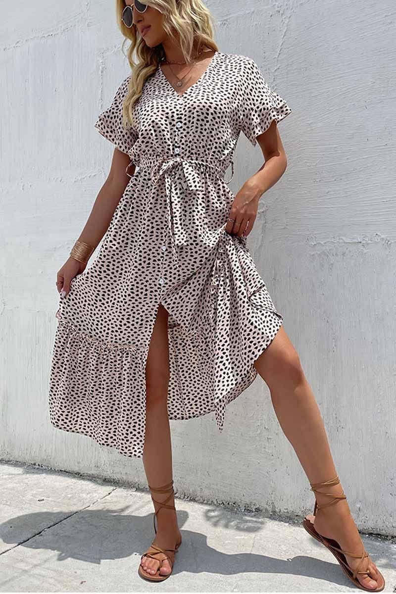 LEOPARD PATTERN SLIT LONG DRESS - Doublju
