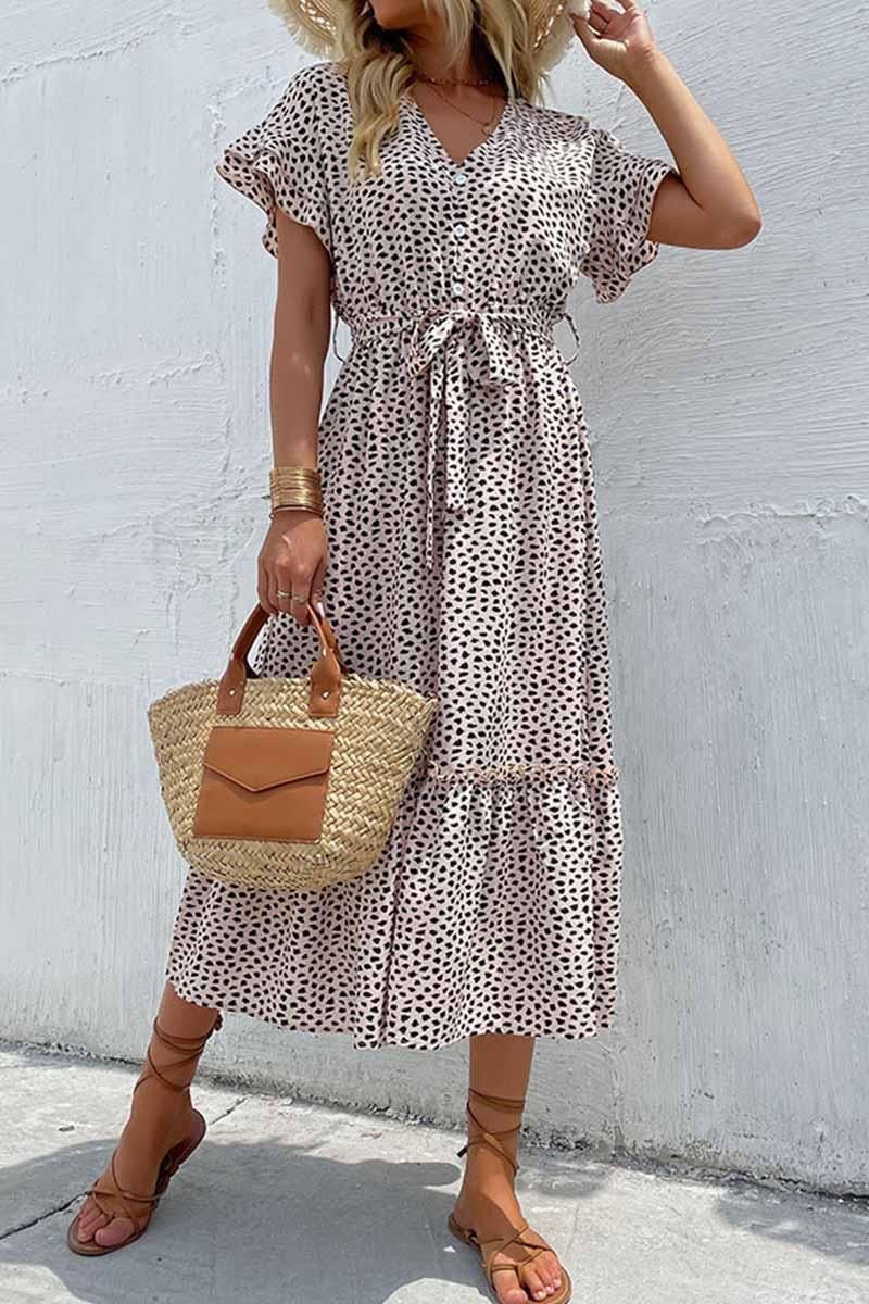 LEOPARD PATTERN SLIT LONG DRESS - Doublju