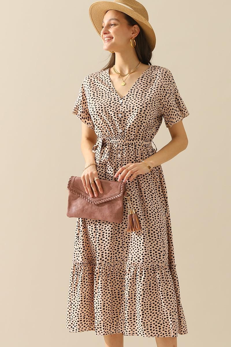 LEOPARD PATTERN SLIT LONG DRESS - Doublju