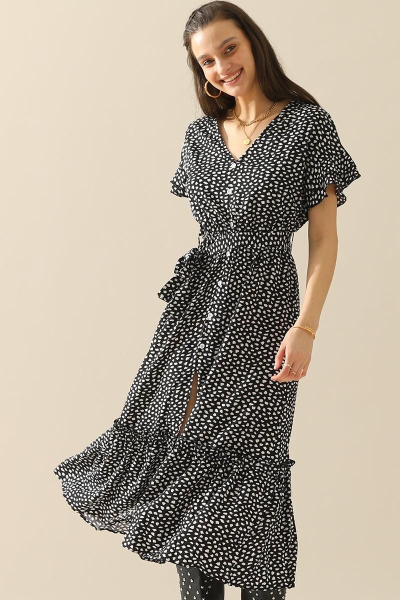 LEOPARD PATTERN SLIT LONG DRESS - Doublju