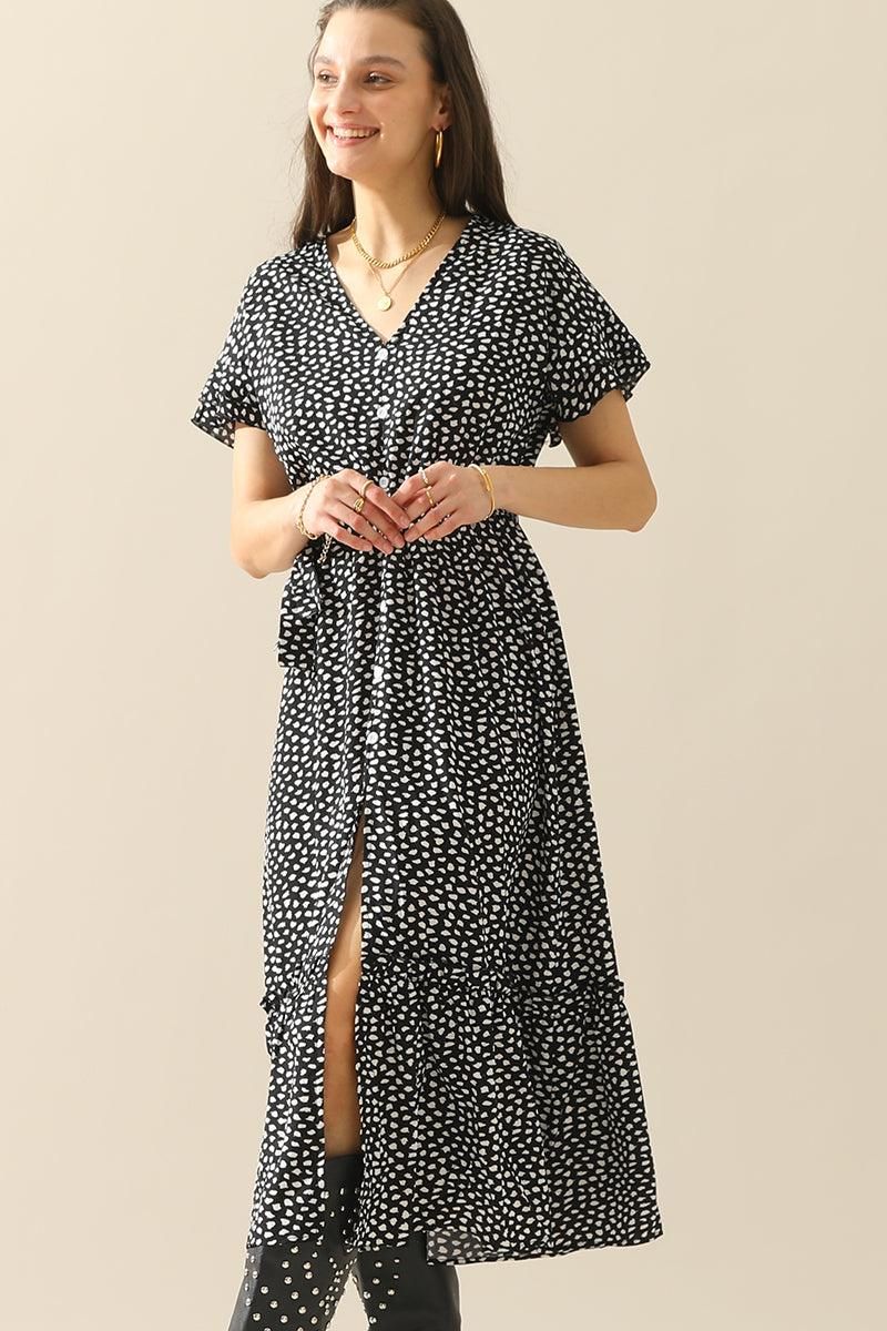 LEOPARD PATTERN SLIT LONG DRESS - Doublju