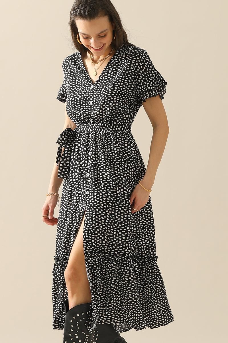 LEOPARD PATTERN SLIT LONG DRESS - Doublju