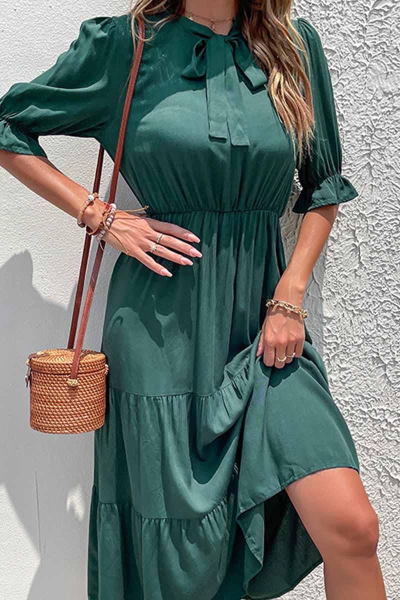 RIBBON TIED NECK RUFFLED SLEEVE CASUAL DRESS - Doublju