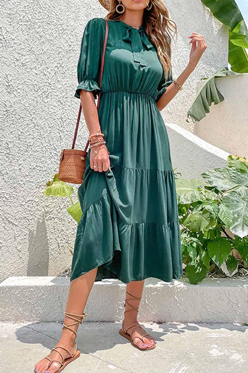 RIBBON TIED NECK RUFFLED SLEEVE CASUAL DRESS - Doublju