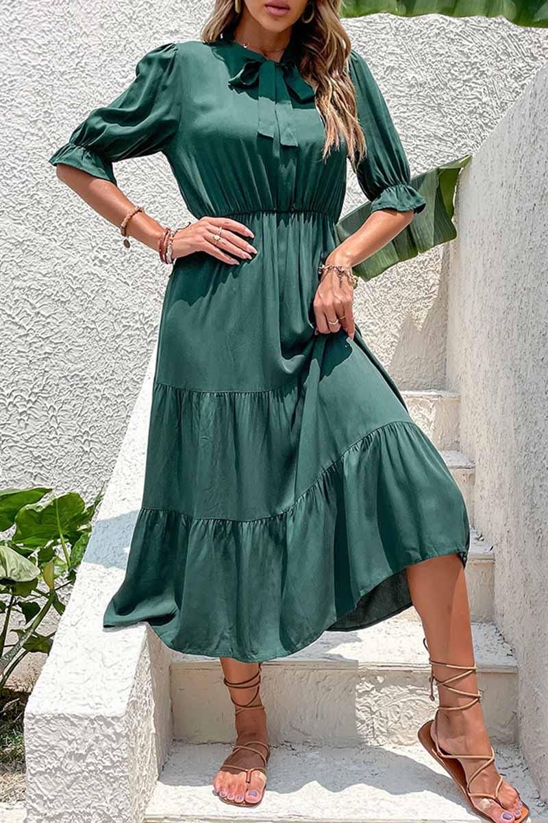 RIBBON TIED NECK RUFFLED SLEEVE CASUAL DRESS - Doublju