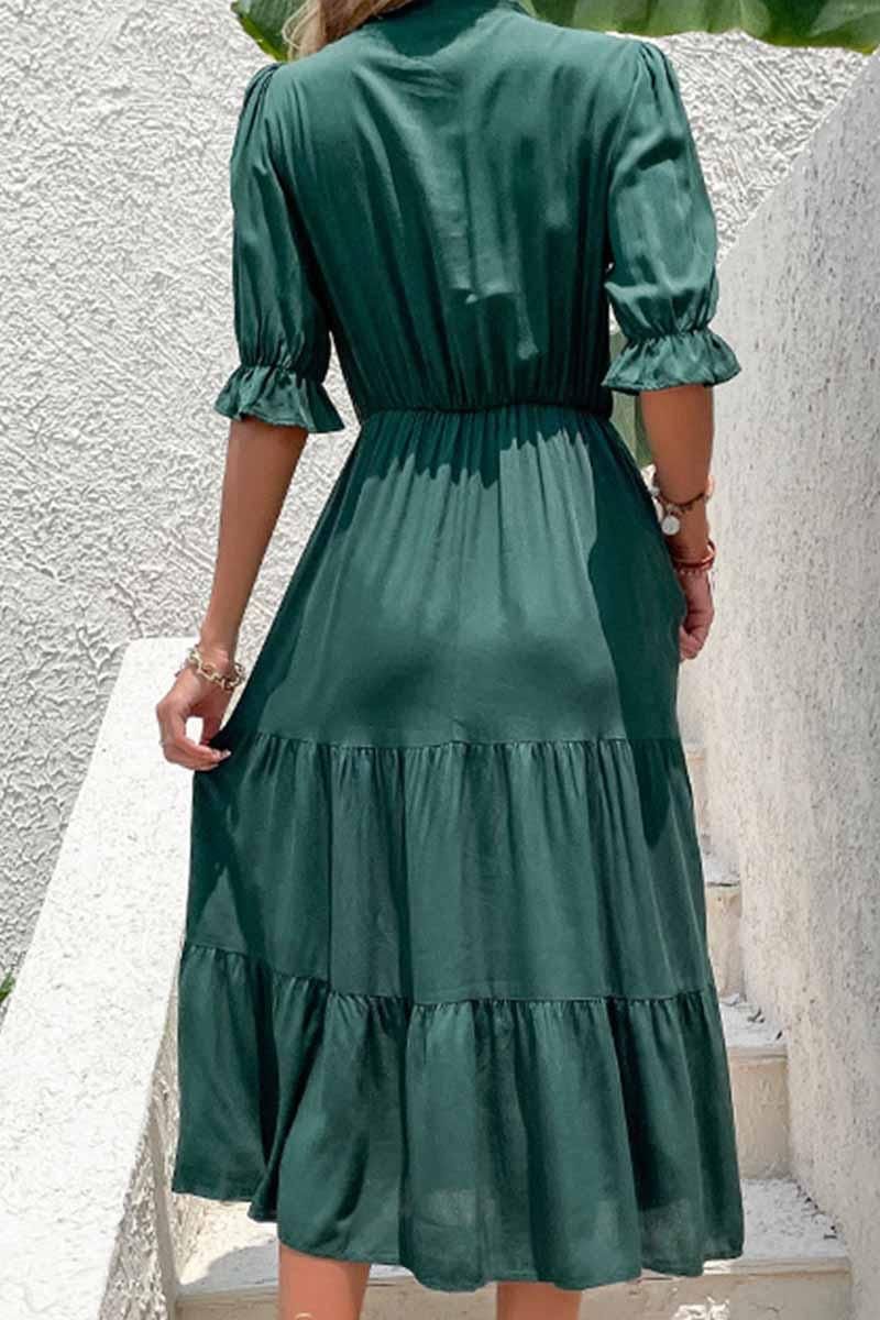 RIBBON TIED NECK RUFFLED SLEEVE CASUAL DRESS - Doublju