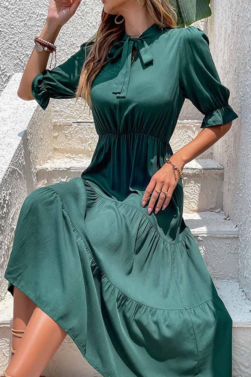 RIBBON TIED NECK RUFFLED SLEEVE CASUAL DRESS - Doublju