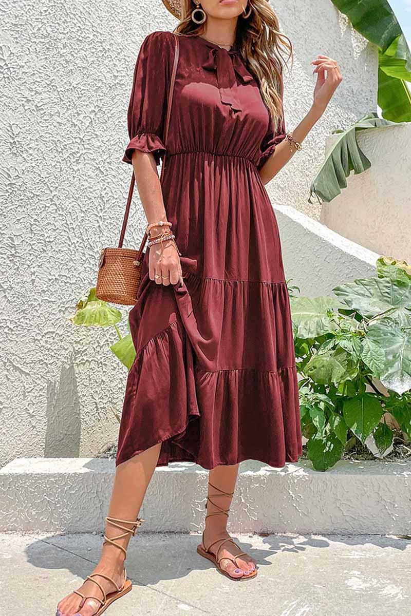 RIBBON TIED NECK RUFFLED SLEEVE CASUAL DRESS - Doublju