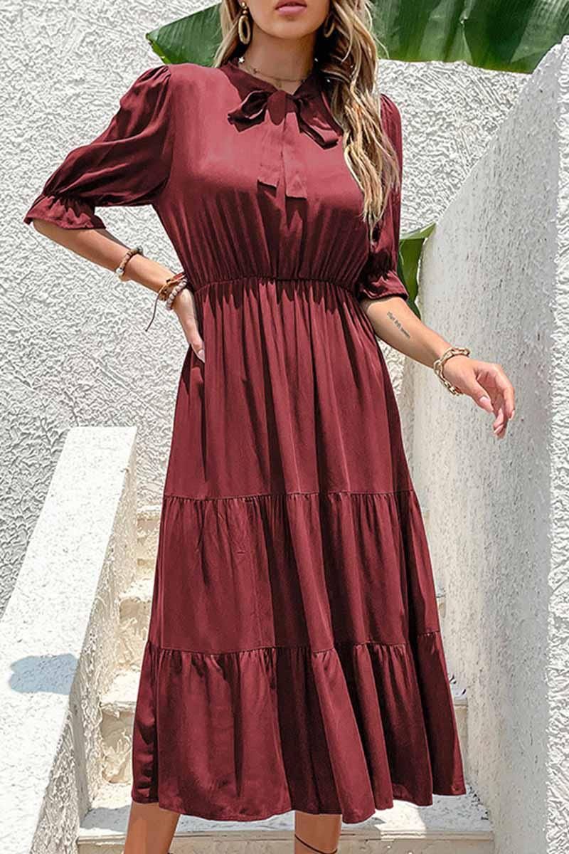 RIBBON TIED NECK RUFFLED SLEEVE CASUAL DRESS - Doublju