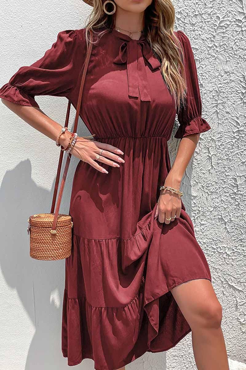 RIBBON TIED NECK RUFFLED SLEEVE CASUAL DRESS - Doublju