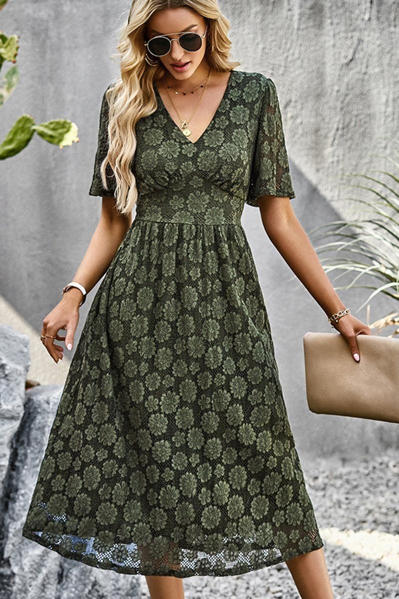 V NECK EMBROIDERY SLIM WAIST DRESS - Doublju