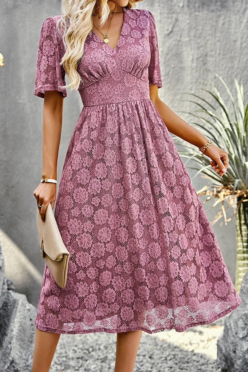 V NECK EMBROIDERY SLIM WAIST DRESS - Doublju