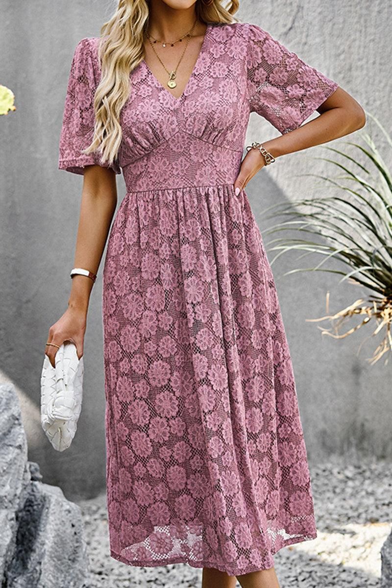 V NECK EMBROIDERY SLIM WAIST DRESS - Doublju