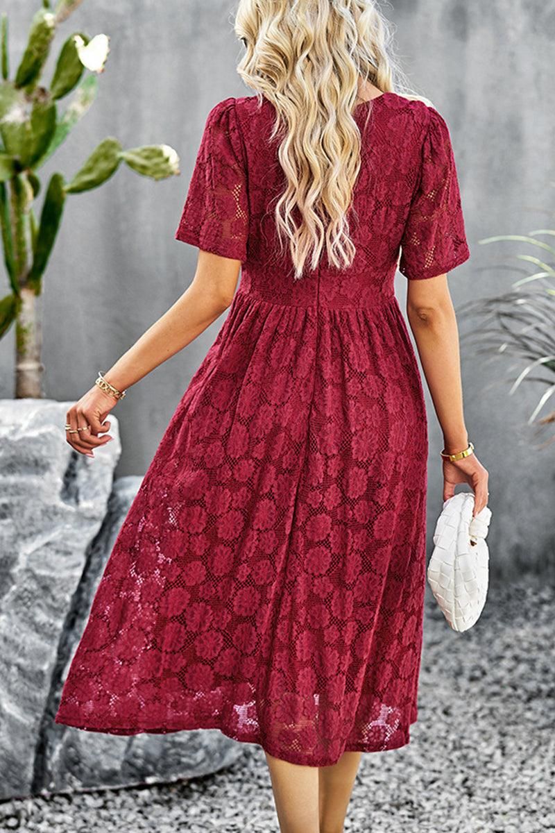 V NECK EMBROIDERY SLIM WAIST DRESS - Doublju