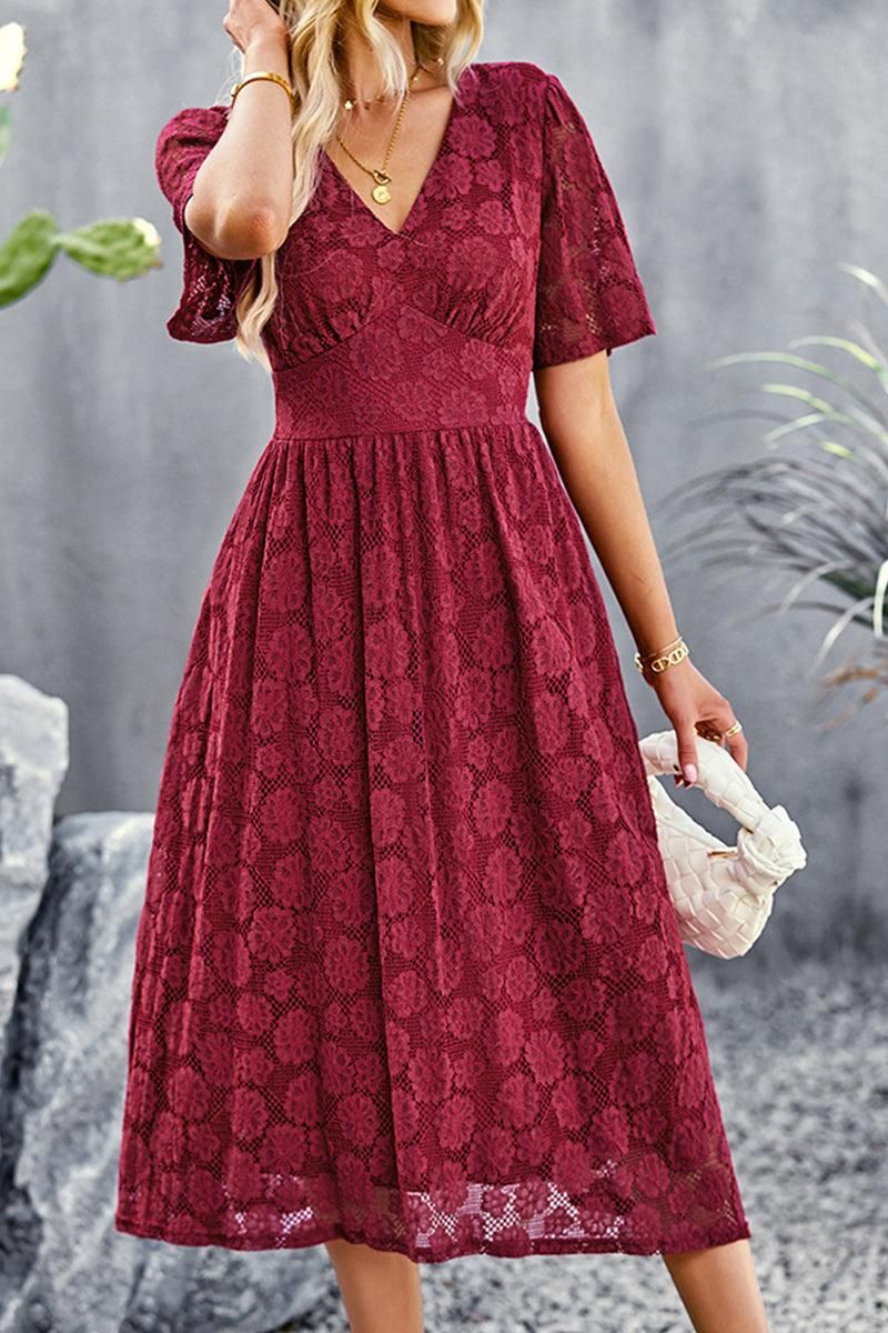 V NECK EMBROIDERY SLIM WAIST DRESS - Doublju