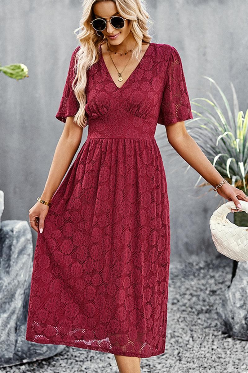 V NECK EMBROIDERY SLIM WAIST DRESS - Doublju