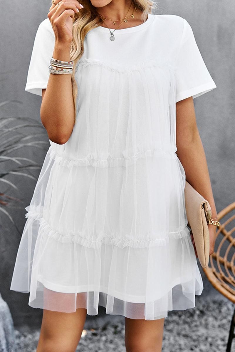 ROUND NECK GAUZE SPLICING SHORT DRESS - Doublju