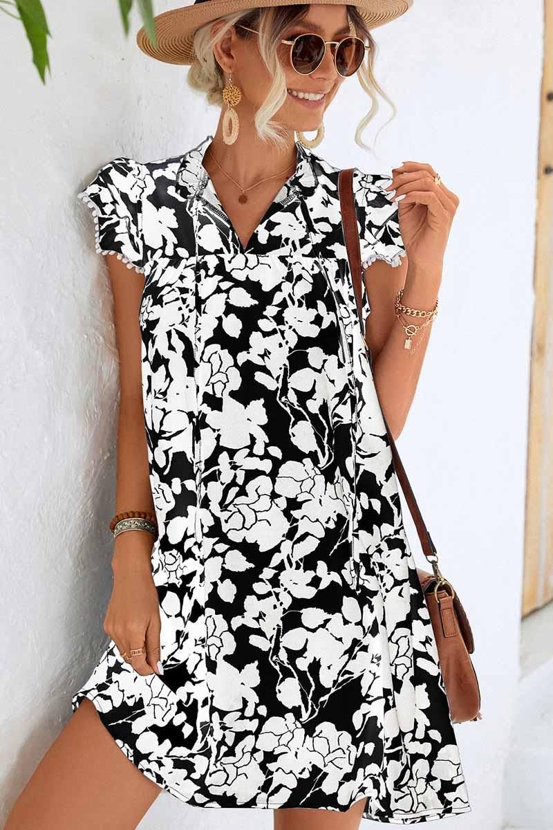 NATURE PATTERN TIED NECK LEAF SLEEVE SHORT DRESS - Doublju