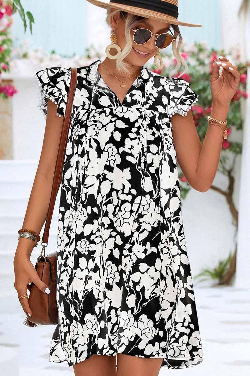 NATURE PATTERN TIED NECK LEAF SLEEVE SHORT DRESS - Doublju