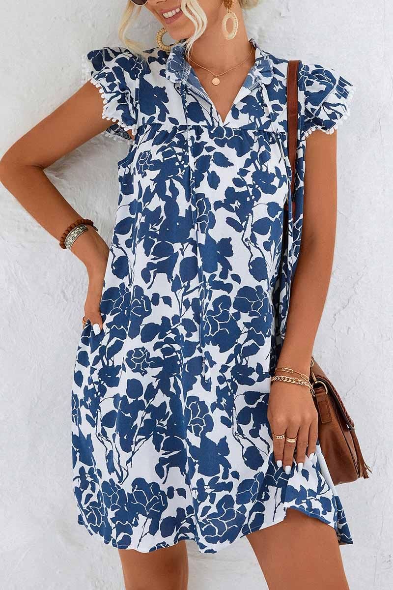 NATURE PATTERN TIED NECK LEAF SLEEVE SHORT DRESS - Doublju