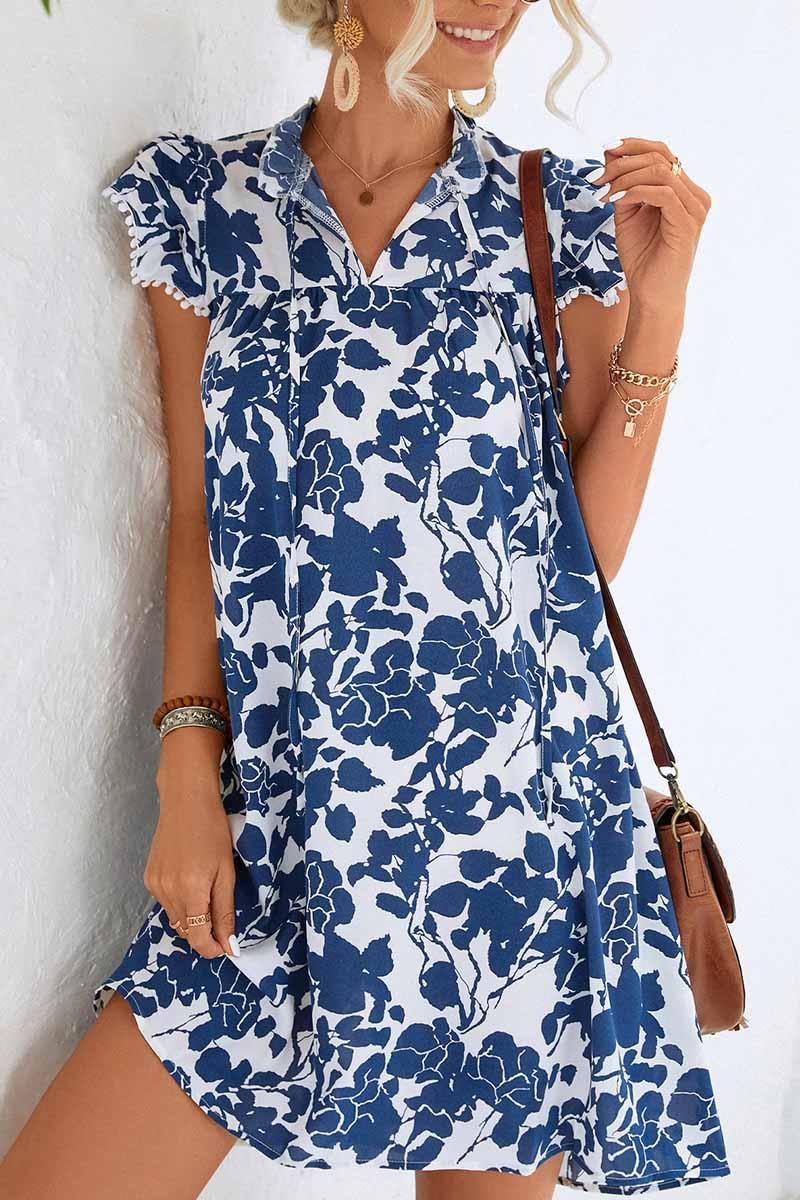 NATURE PATTERN TIED NECK LEAF SLEEVE SHORT DRESS - Doublju