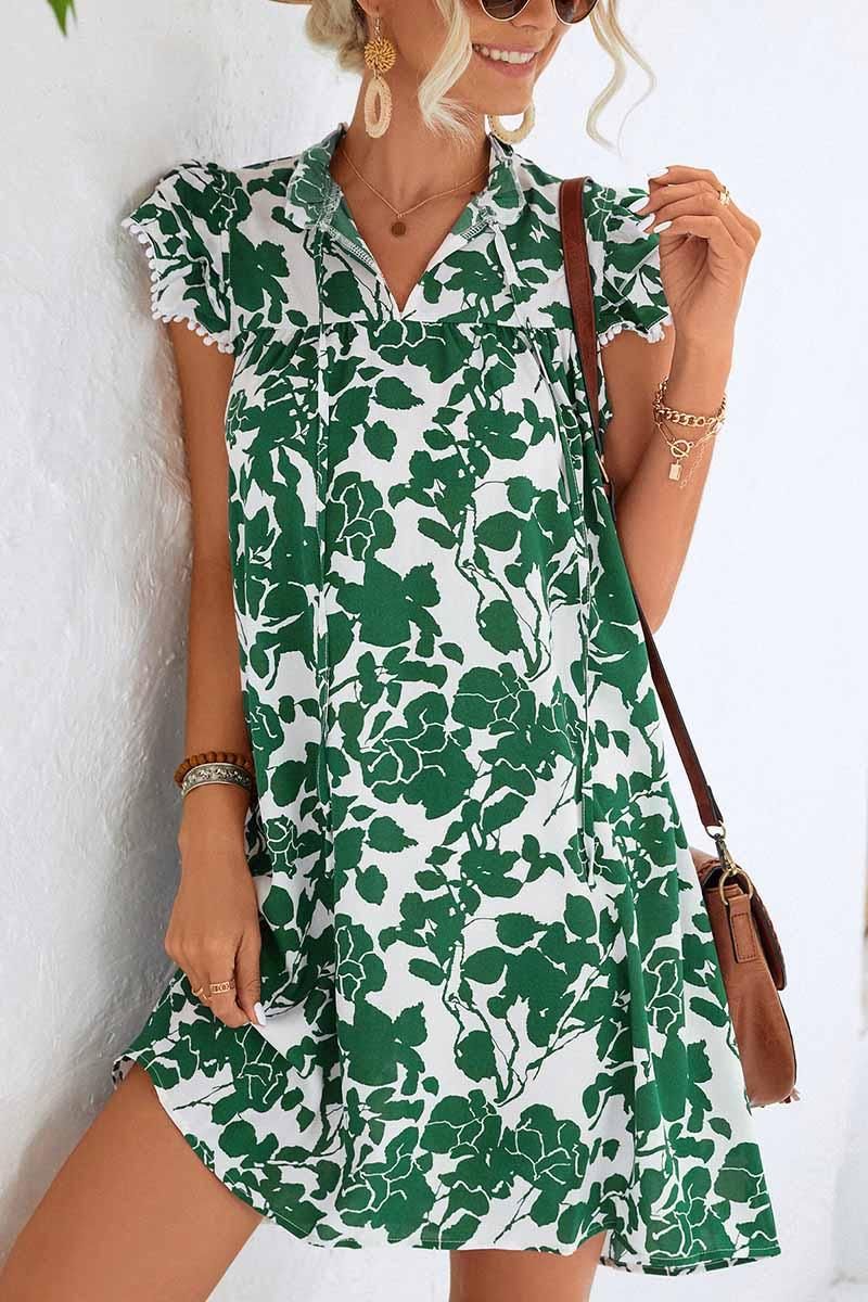 NATURE PATTERN TIED NECK LEAF SLEEVE SHORT DRESS - Doublju