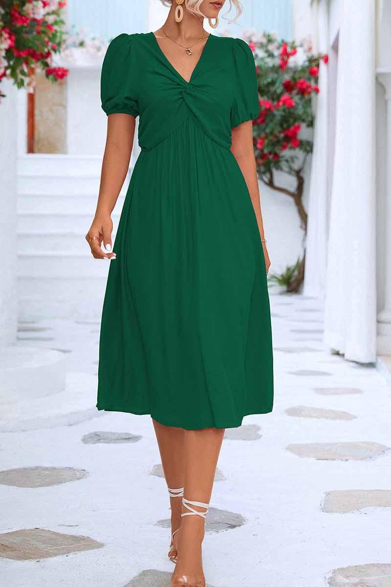 KINK V NECK BALLOON SLEEVE RUFFLED MIDI DRESS - Doublju