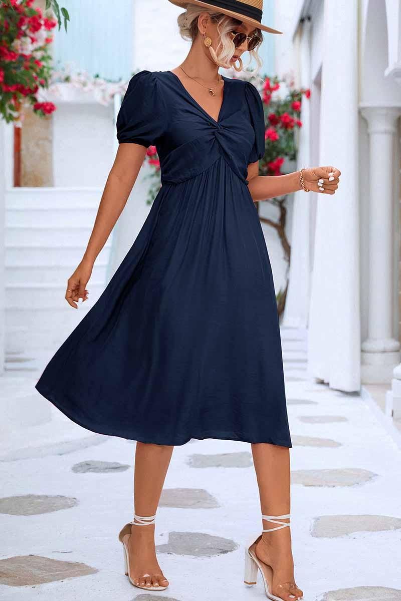 KINK V NECK BALLOON SLEEVE RUFFLED MIDI DRESS - Doublju