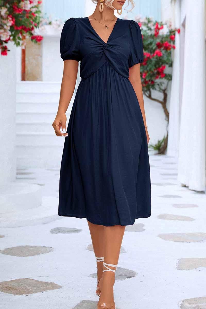 KINK V NECK BALLOON SLEEVE RUFFLED MIDI DRESS - Doublju