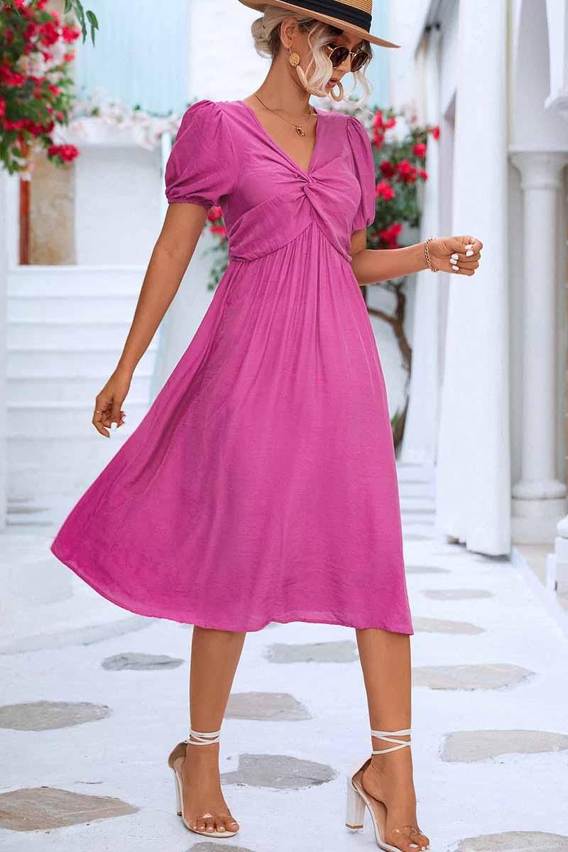 KINK V NECK BALLOON SLEEVE RUFFLED MIDI DRESS - Doublju