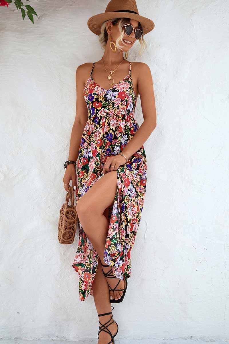 FLORAL V NECK SPAGHETTI STRAP SLIT DRESS - Doublju