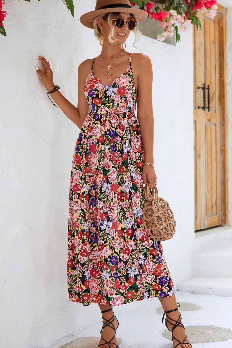 FLORAL V NECK SPAGHETTI STRAP SLIT DRESS - Doublju