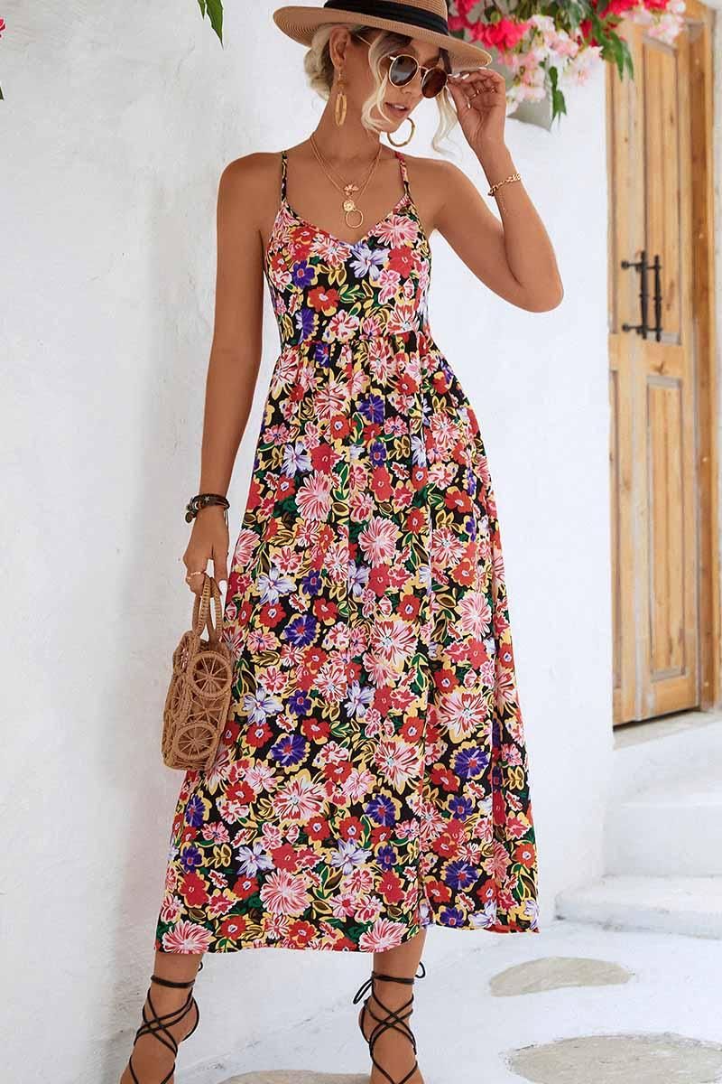 FLORAL V NECK SPAGHETTI STRAP SLIT DRESS - Doublju