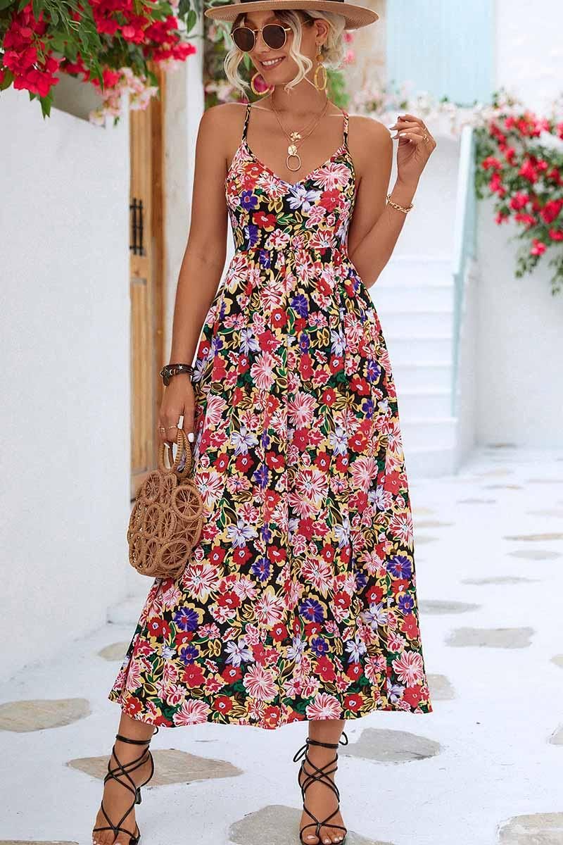 FLORAL V NECK SPAGHETTI STRAP SLIT DRESS - Doublju