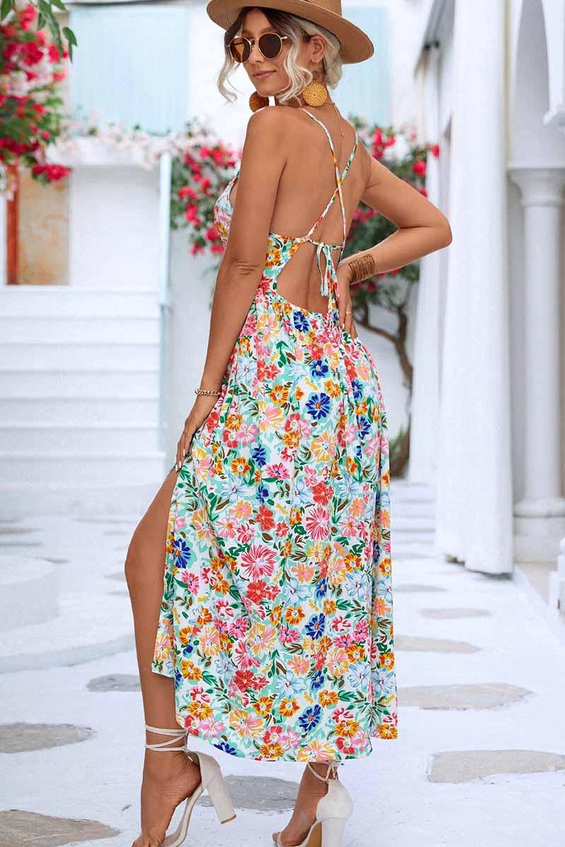 FLORAL V NECK SPAGHETTI STRAP SLIT DRESS - Doublju