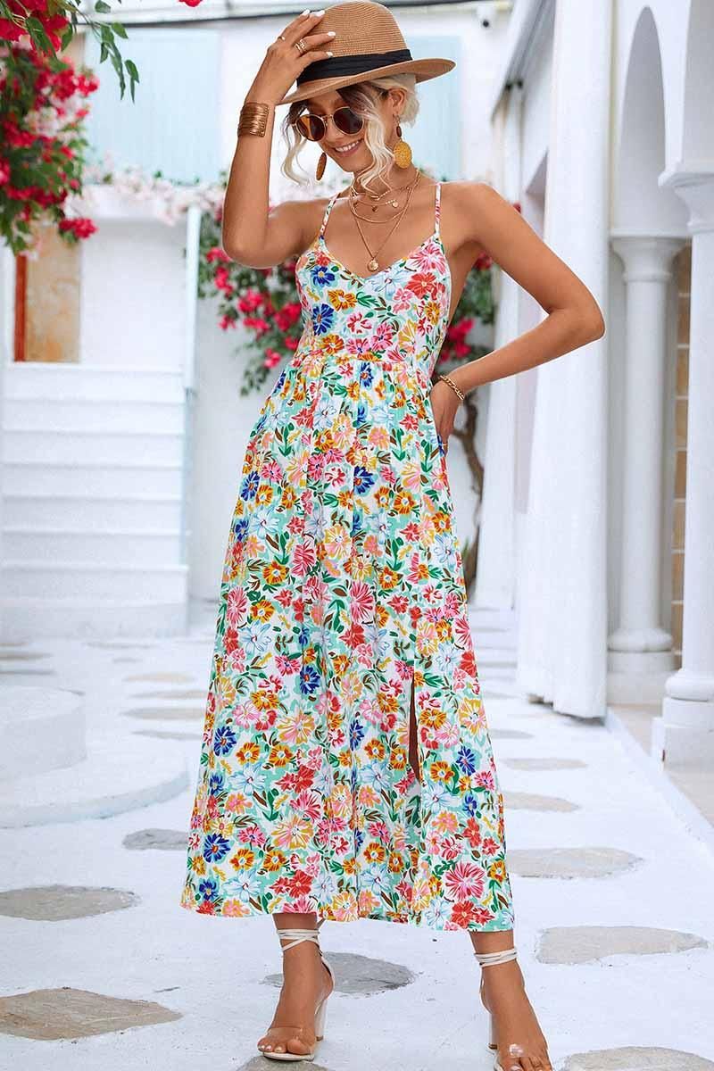 FLORAL V NECK SPAGHETTI STRAP SLIT DRESS - Doublju