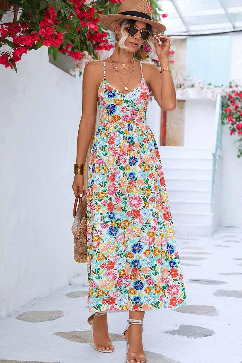 FLORAL V NECK SPAGHETTI STRAP SLIT DRESS - Doublju