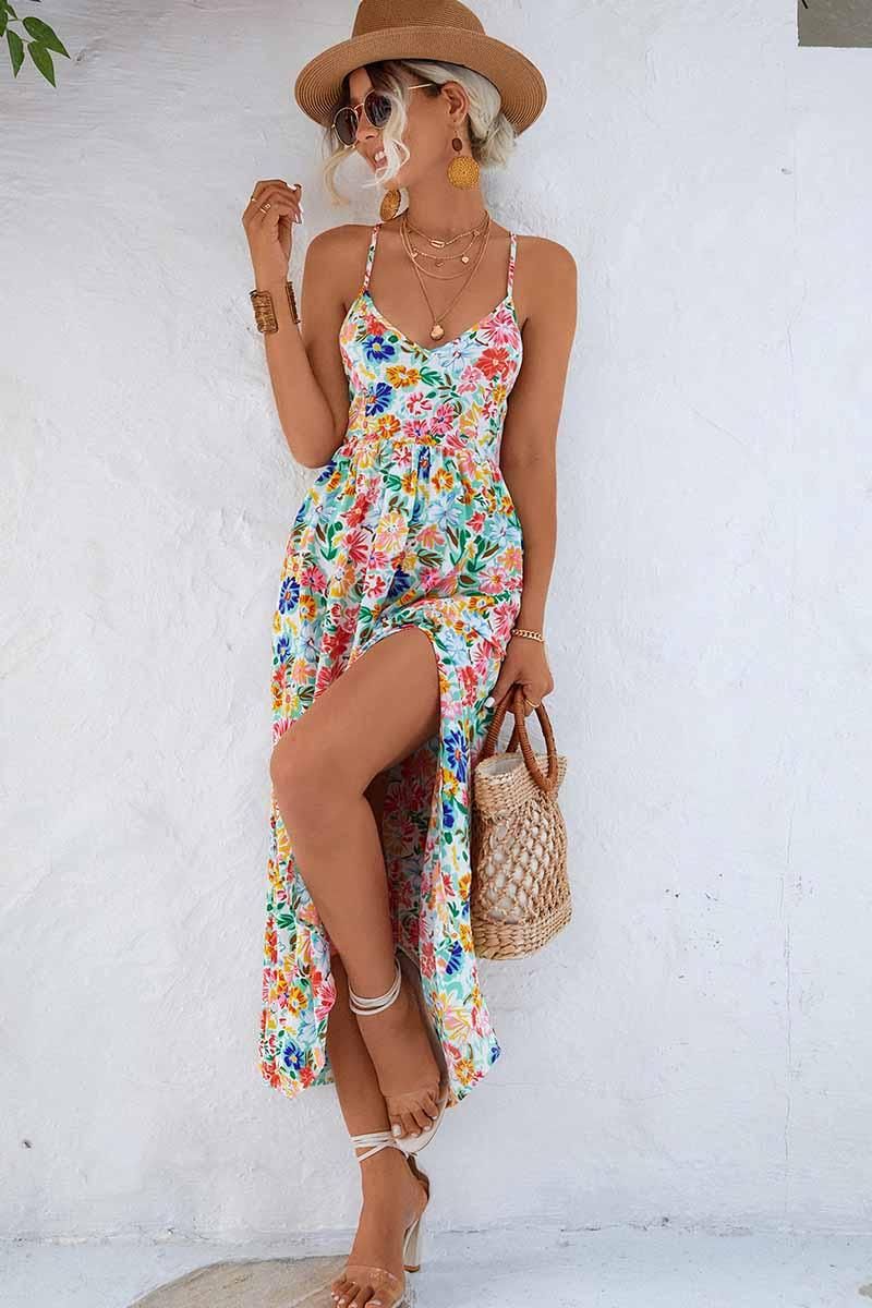 FLORAL V NECK SPAGHETTI STRAP SLIT DRESS - Doublju