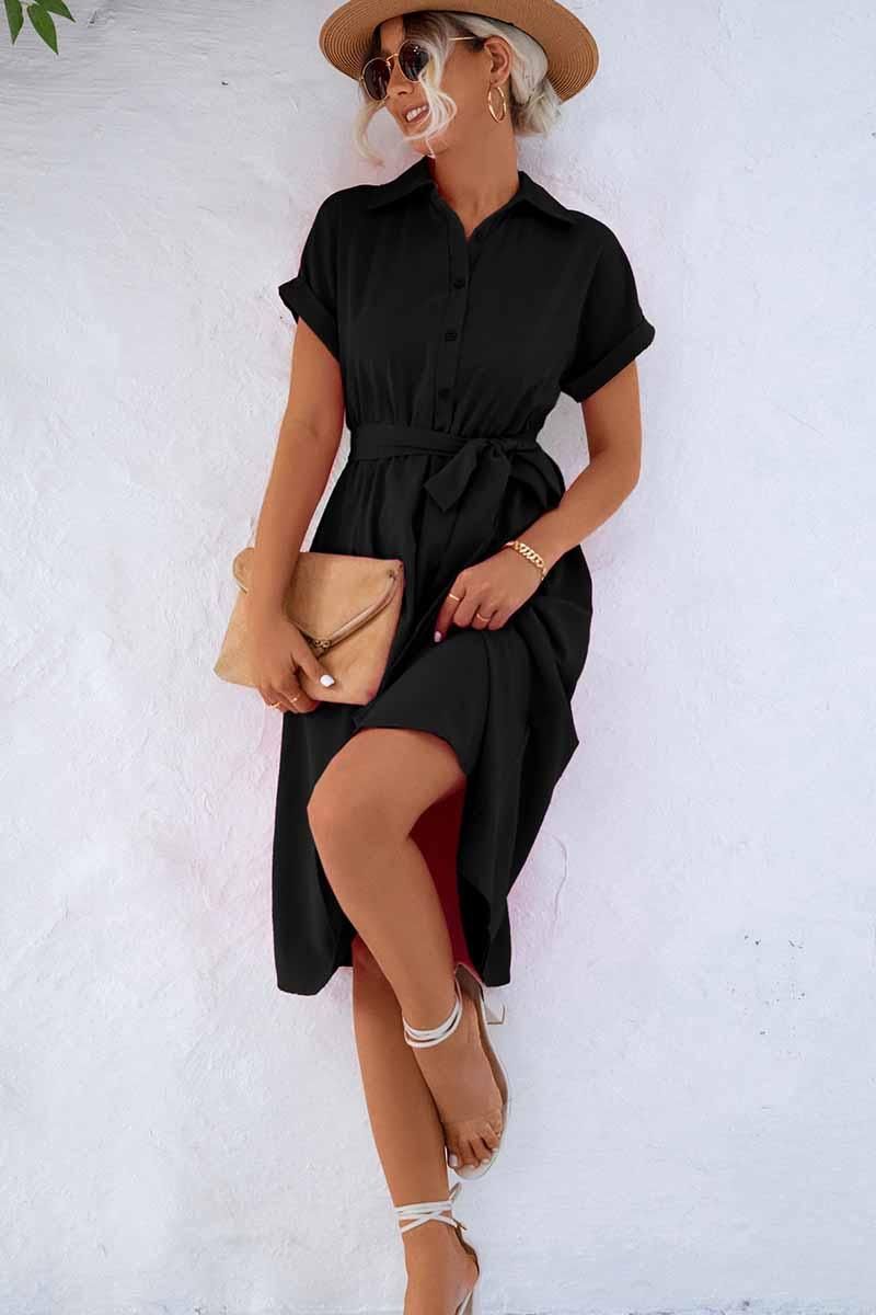 ROLL UP SLEEVE TIED WAIST FLARE SHIRTS DRESS - Doublju