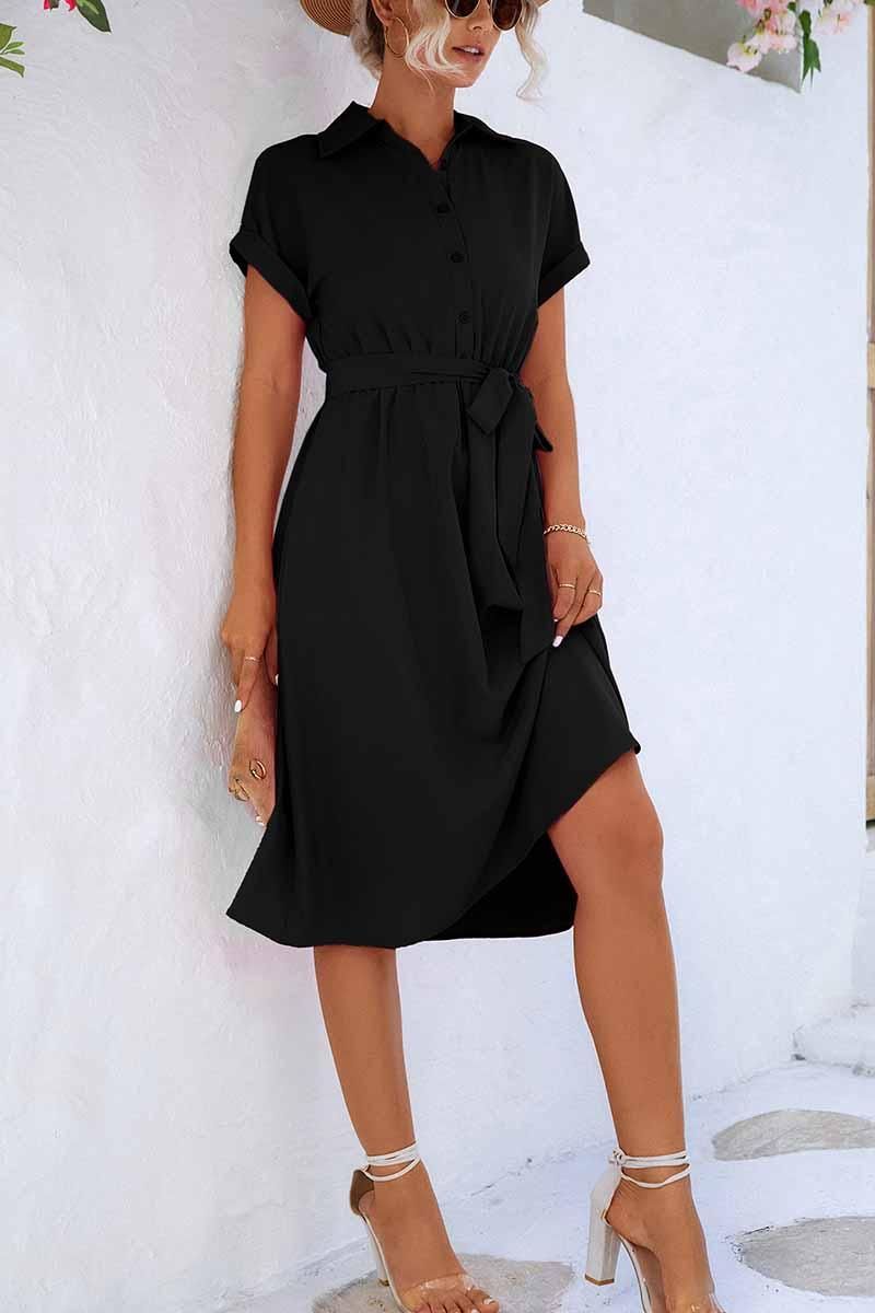 ROLL UP SLEEVE TIED WAIST FLARE SHIRTS DRESS - Doublju