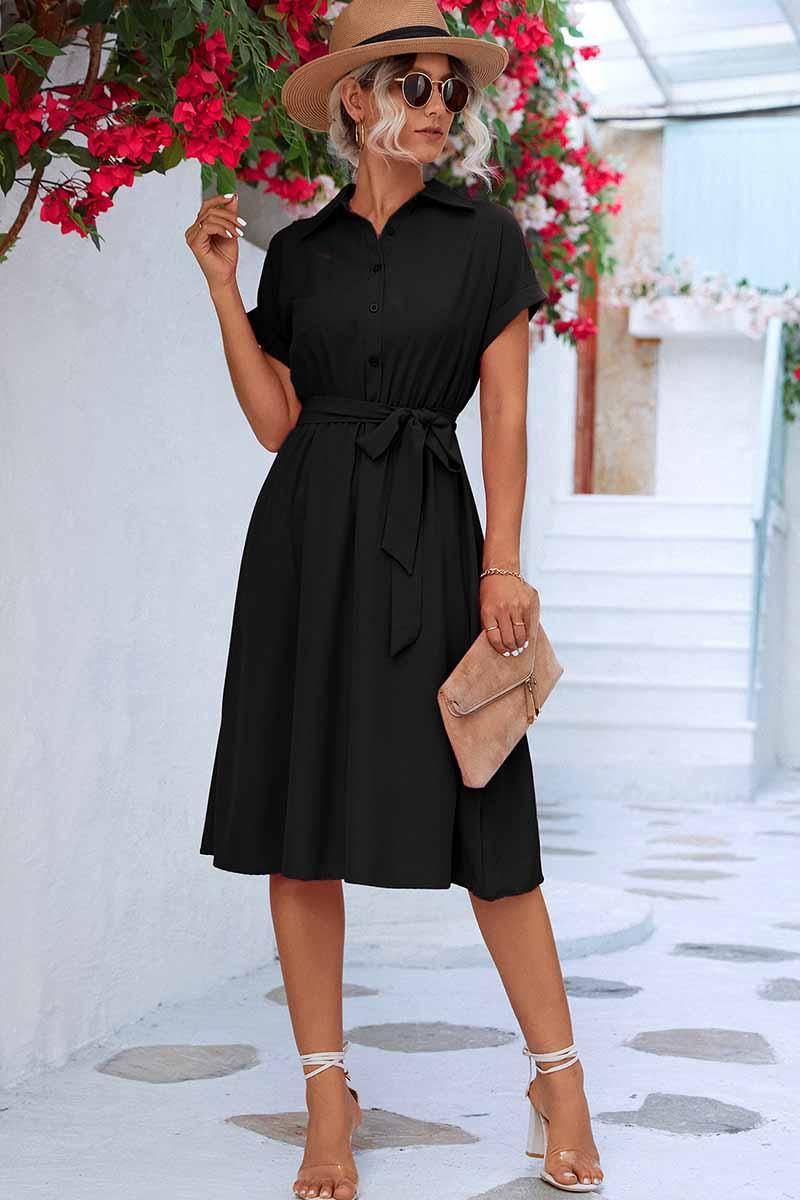 ROLL UP SLEEVE TIED WAIST FLARE SHIRTS DRESS - Doublju