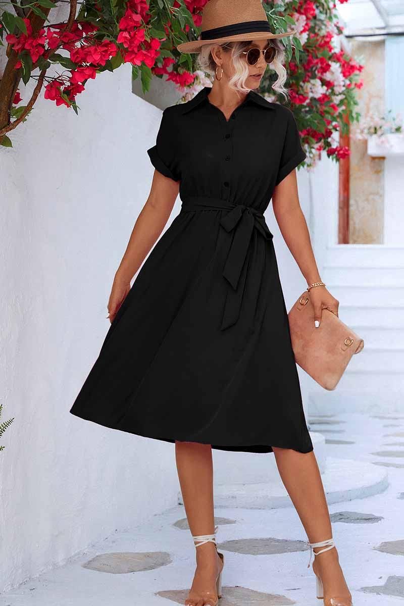 ROLL UP SLEEVE TIED WAIST FLARE SHIRTS DRESS - Doublju